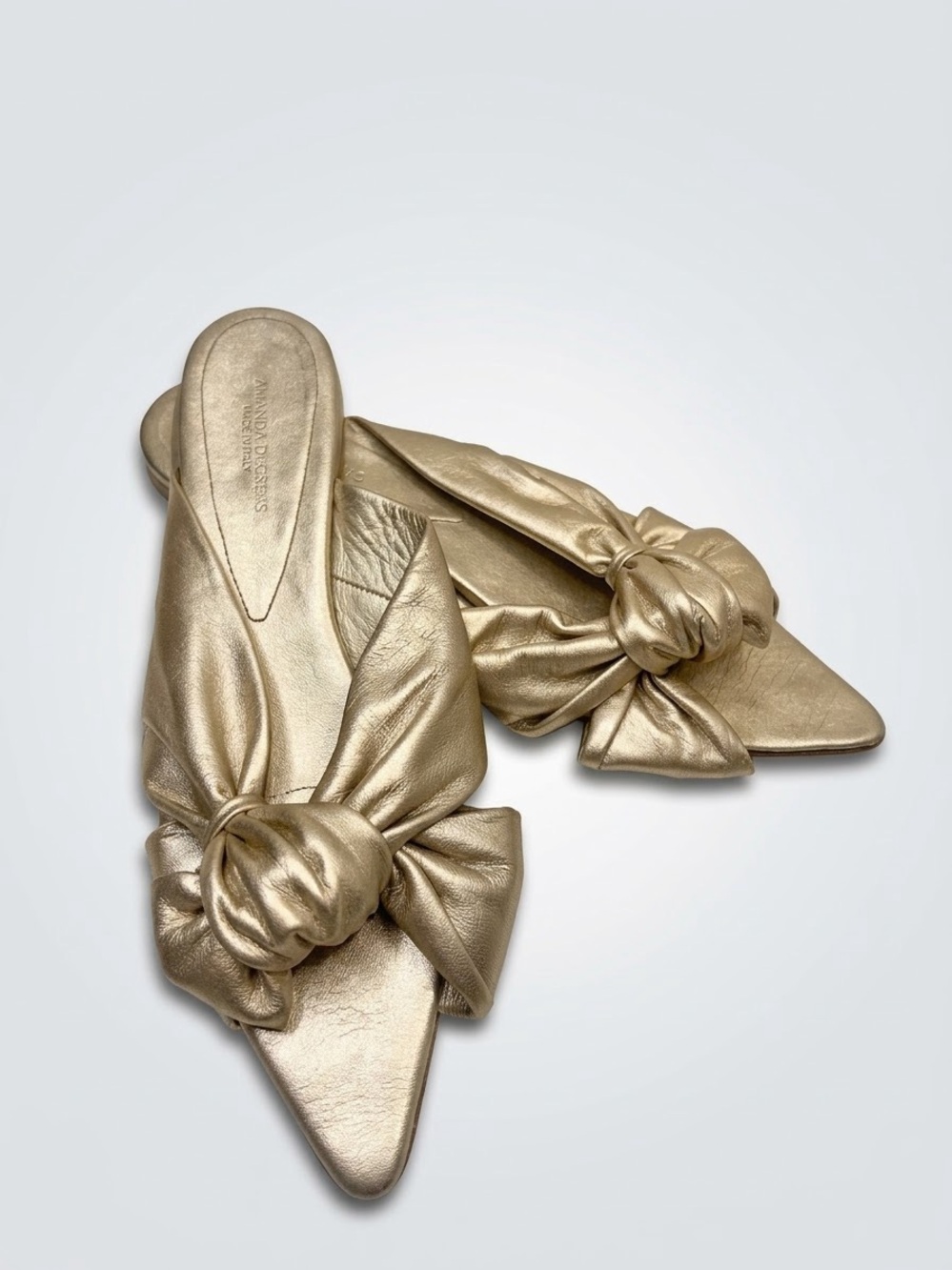 Amanda Degens Made in Italy Metallic Champagne Gold Bow Mule Flats